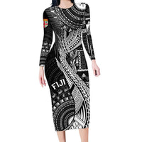 Fiji Rugby Personalised Bula Masi Family Matching Long Sleeve Bodycon Dress and Hawaiian Shirt Fish Tail Kaivity Cibi - Black LT7 Mom's Dress Black - Polynesian Pride