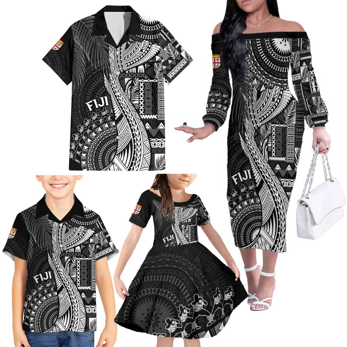 Fiji Rugby Personalised Bula Masi Family Matching Off The Shoulder Long Sleeve Dress and Hawaiian Shirt Fish Tail Kaivity Cibi - Black