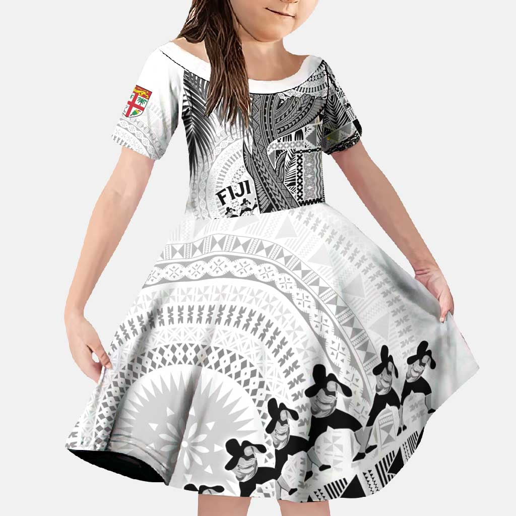 Fiji Rugby Personalised Bula Masi Family Matching Long Sleeve Bodycon Dress and Hawaiian Shirt Fish Tail Kaivity Cibi - White LT7 Daughter's Dress White - Polynesian Pride
