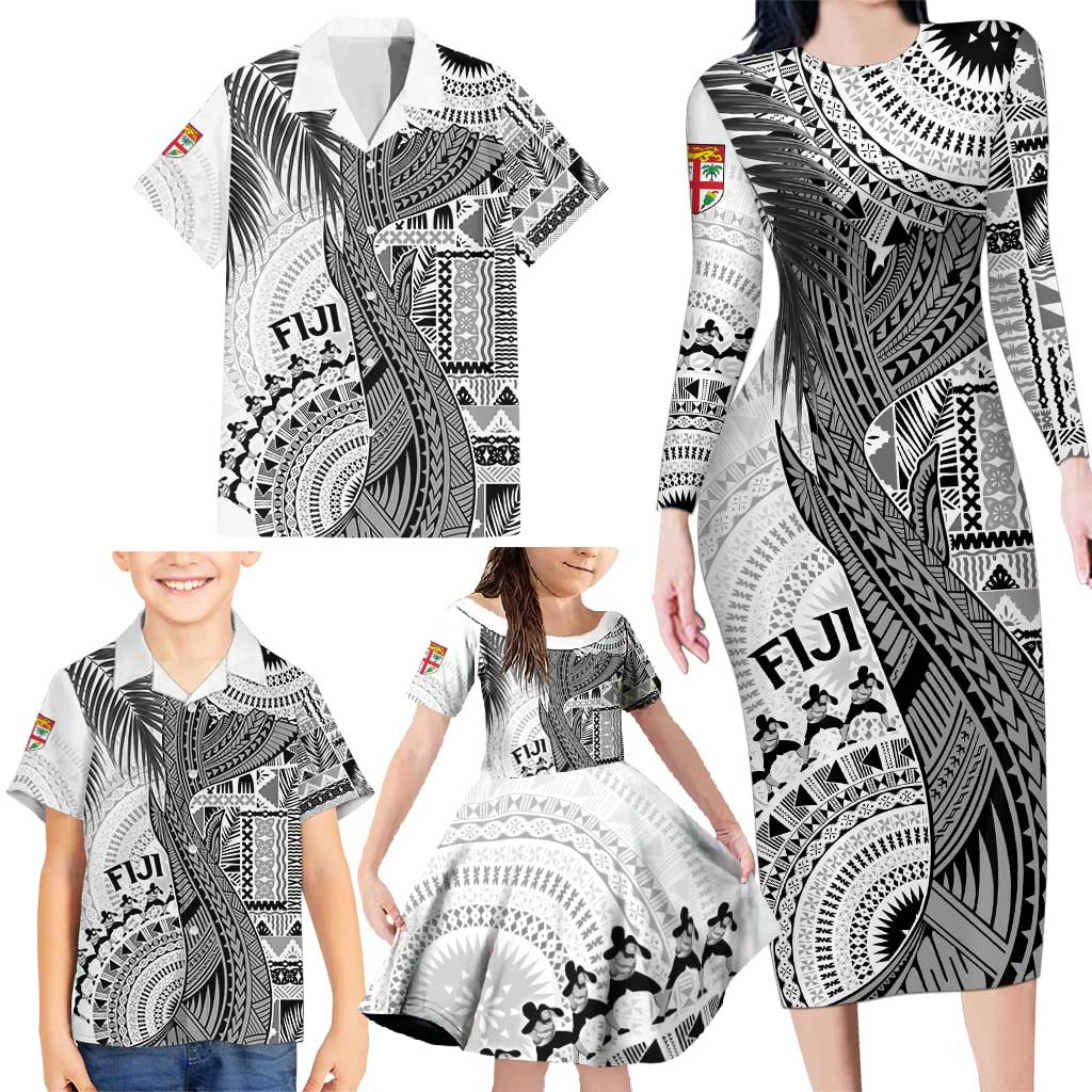 Fiji Rugby Personalised Bula Masi Family Matching Long Sleeve Bodycon Dress and Hawaiian Shirt Fish Tail Kaivity Cibi - White LT7 - Polynesian Pride