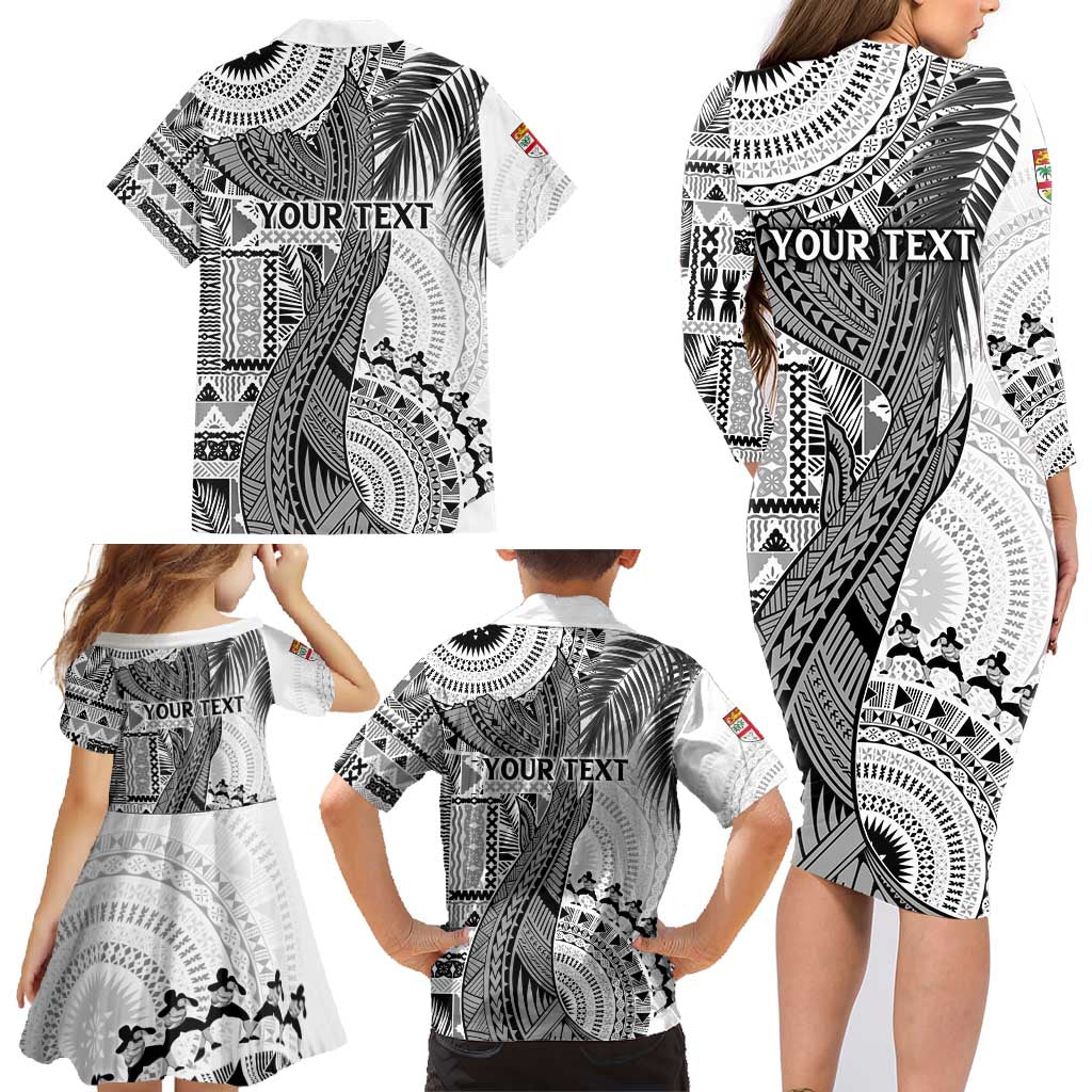 Fiji Rugby Personalised Bula Masi Family Matching Long Sleeve Bodycon Dress and Hawaiian Shirt Fish Tail Kaivity Cibi - White LT7 - Polynesian Pride