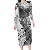 Fiji Rugby Personalised Bula Masi Family Matching Long Sleeve Bodycon Dress and Hawaiian Shirt Fish Tail Kaivity Cibi - White LT7 Mom's Dress White - Polynesian Pride