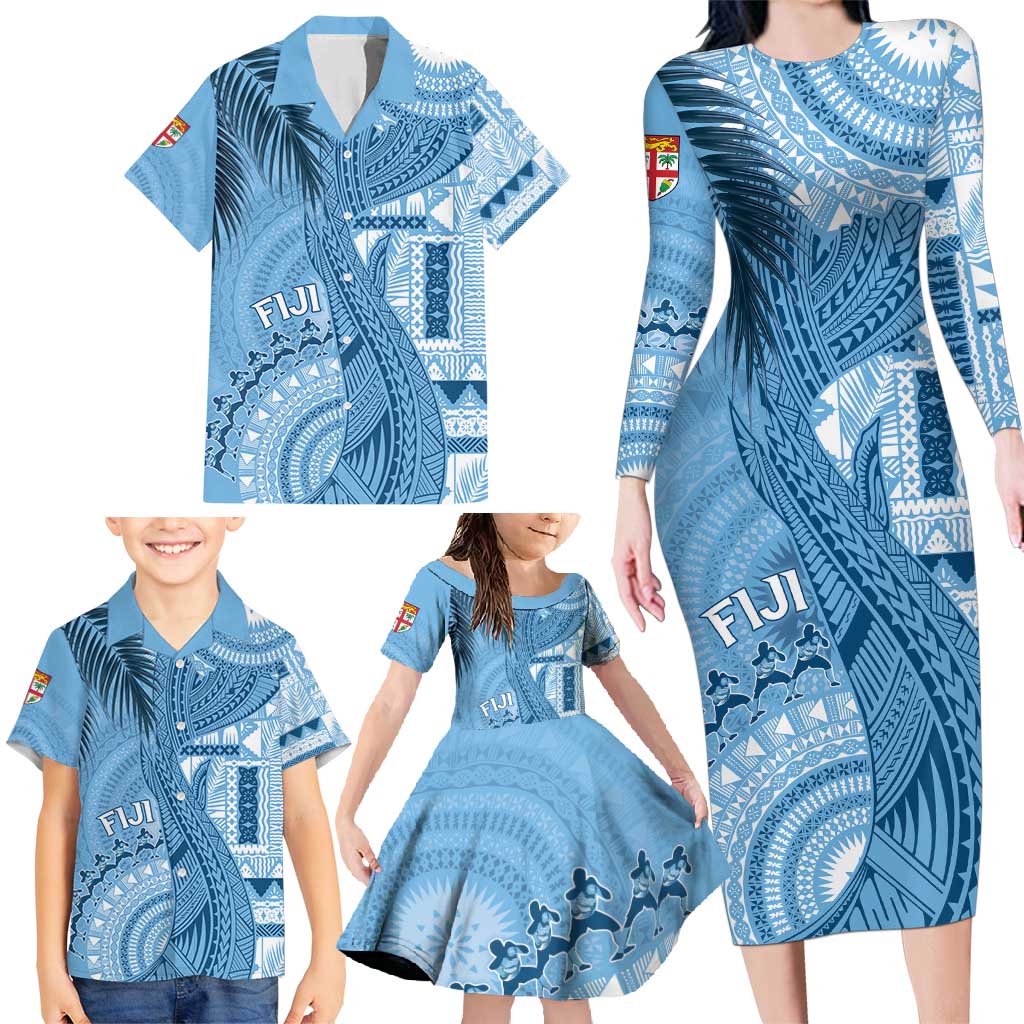Fiji Rugby Personalised Bula Masi Family Matching Long Sleeve Bodycon Dress and Hawaiian Shirt Fish Tail Kaivity Cibi - Turquoise LT7 - Polynesian Pride