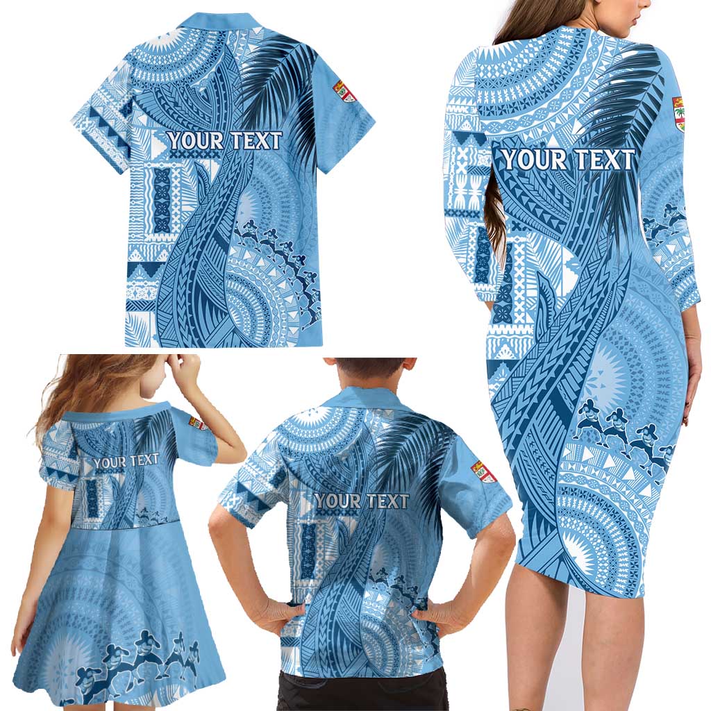 Fiji Rugby Personalised Bula Masi Family Matching Long Sleeve Bodycon Dress and Hawaiian Shirt Fish Tail Kaivity Cibi - Turquoise LT7 - Polynesian Pride