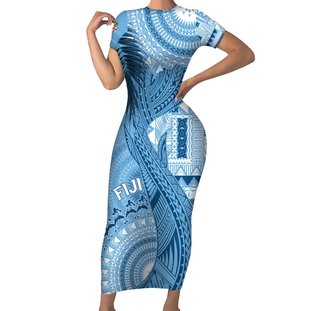 Fiji Rugby Personalised Bula Masi Family Matching Short Sleeve Bodycon Dress and Hawaiian Shirt Fish Tail Kaivity Cibi - Turquoise LT7 Mom's Dress Turquoise - Polynesian Pride