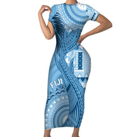 Fiji Rugby Personalised Bula Masi Family Matching Short Sleeve Bodycon Dress and Hawaiian Shirt Fish Tail Kaivity Cibi - Turquoise LT7 Mom's Dress Turquoise - Polynesian Pride