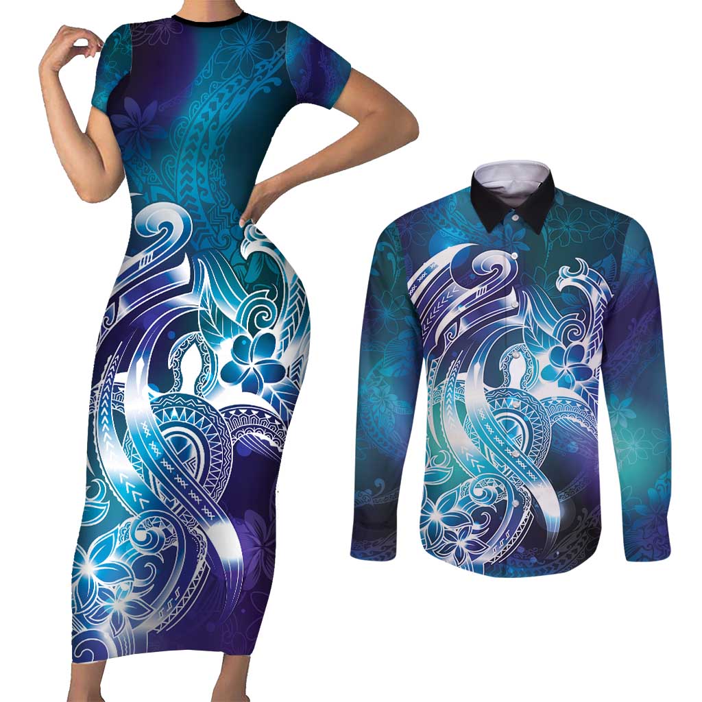 Aloha Hawaii Turtle Couples Matching Short Sleeve Bodycon Dress and Long Sleeve Button Shirt Teal Purple Ribbon LT7 Purple Teal - Polynesian Pride