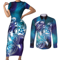 Aloha Hawaii Turtle Couples Matching Short Sleeve Bodycon Dress and Long Sleeve Button Shirt Teal Purple Ribbon LT7 Purple Teal - Polynesian Pride