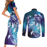 Aloha Hawaii Turtle Couples Matching Short Sleeve Bodycon Dress and Long Sleeve Button Shirt Teal Purple Ribbon LT7 - Polynesian Pride