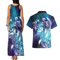 Aloha Hawaii Turtle Couples Matching Tank Maxi Dress and Hawaiian Shirt Teal Purple Ribbon LT7 - Polynesian Pride