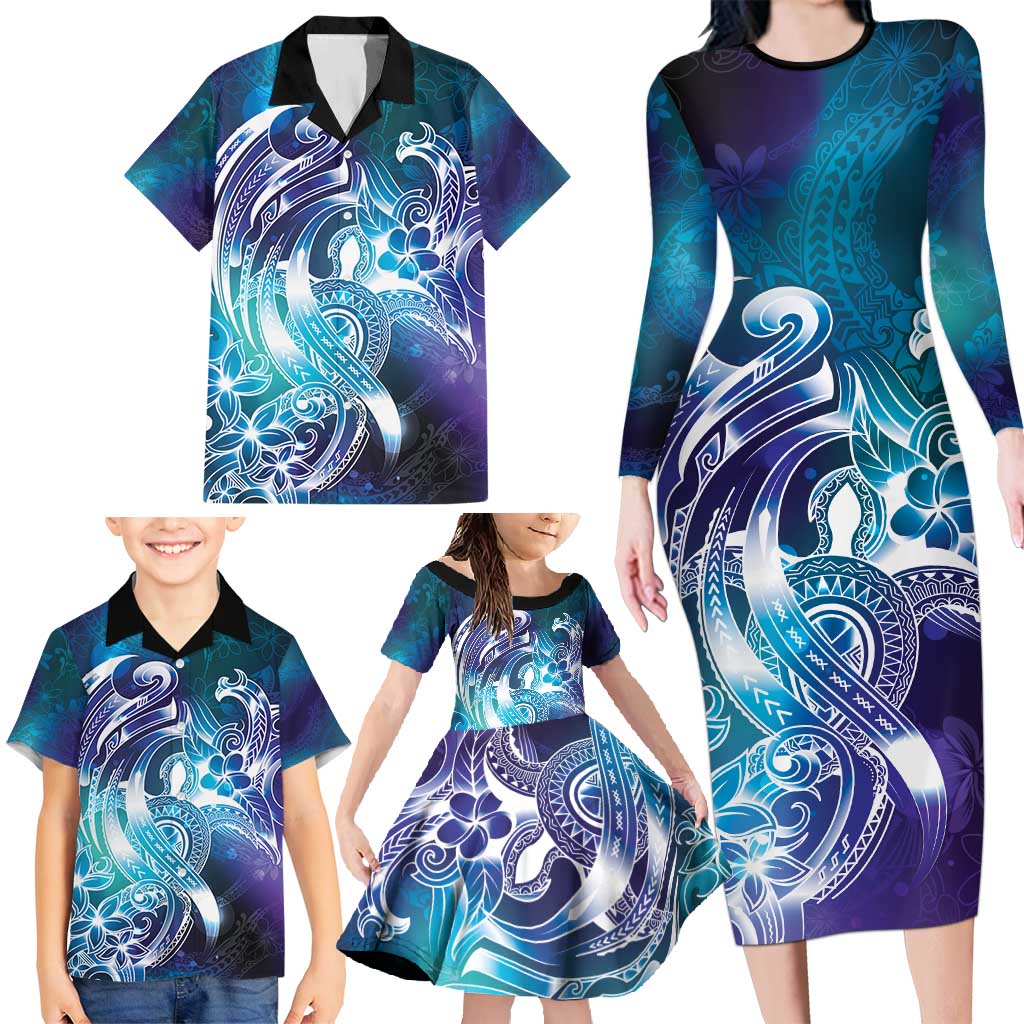 Aloha Hawaii Turtle Family Matching Long Sleeve Bodycon Dress and Hawaiian Shirt Teal Purple Ribbon LT7 - Polynesian Pride