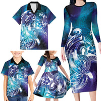 Aloha Hawaii Turtle Family Matching Long Sleeve Bodycon Dress and Hawaiian Shirt Teal Purple Ribbon LT7 - Polynesian Pride