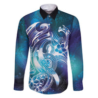 Aloha Hawaii Turtle Family Matching Long Sleeve Bodycon Dress and Hawaiian Shirt Teal Purple Ribbon LT7 Dad's Shirt - Long Sleeve Purple Teal - Polynesian Pride