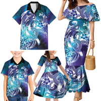 Aloha Hawaii Turtle Family Matching Mermaid Dress and Hawaiian Shirt Teal Purple Ribbon LT7 - Polynesian Pride