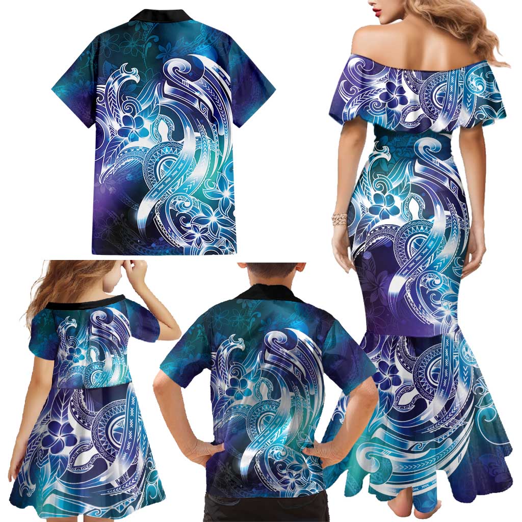 Aloha Hawaii Turtle Family Matching Mermaid Dress and Hawaiian Shirt Teal Purple Ribbon LT7 - Polynesian Pride