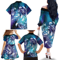 Aloha Hawaii Turtle Family Matching Off The Shoulder Long Sleeve Dress and Hawaiian Shirt Teal Purple Ribbon - Polynesian Pride