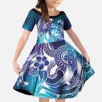 Aloha Hawaii Turtle Family Matching Short Sleeve Bodycon Dress and Hawaiian Shirt Teal Purple Ribbon LT7 Daughter's Dress Purple Teal - Polynesian Pride