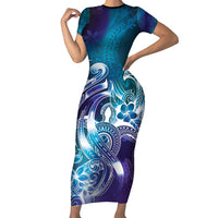 Aloha Hawaii Turtle Family Matching Short Sleeve Bodycon Dress and Hawaiian Shirt Teal Purple Ribbon LT7 Mom's Dress Purple Teal - Polynesian Pride