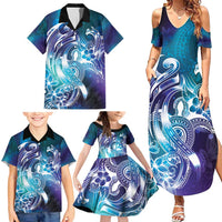 Aloha Hawaii Turtle Family Matching Summer Maxi Dress and Hawaiian Shirt Teal Purple Ribbon - Polynesian Pride