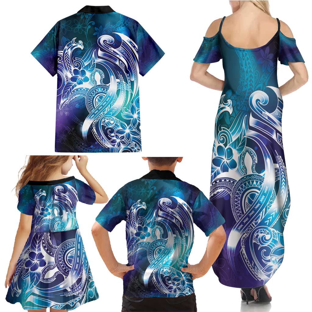 Aloha Hawaii Turtle Family Matching Summer Maxi Dress and Hawaiian Shirt Teal Purple Ribbon - Polynesian Pride