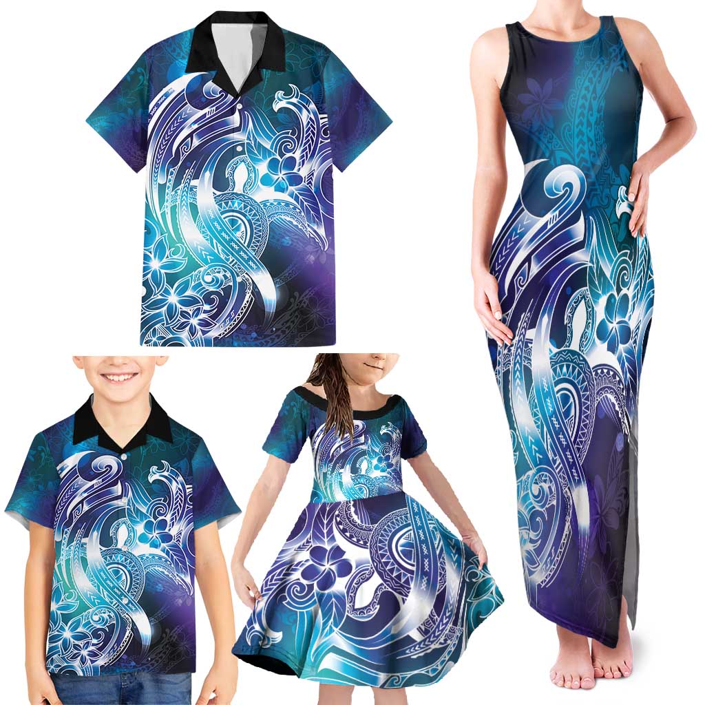 Aloha Hawaii Turtle Family Matching Tank Maxi Dress and Hawaiian Shirt Teal Purple Ribbon - Polynesian Pride