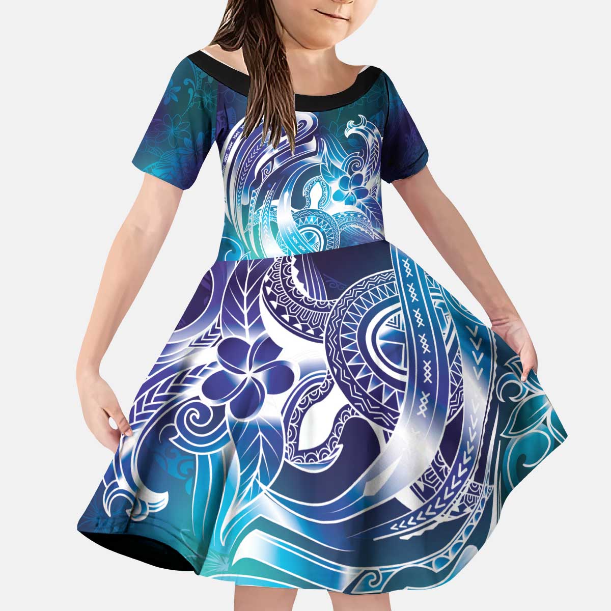 Aloha Hawaii Turtle Kid Short Sleeve Dress Teal Purple Ribbon - Polynesian Pride