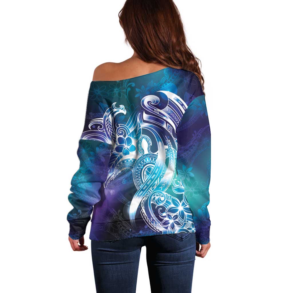 Aloha Hawaii Turtle Off Shoulder Sweater Teal Purple Ribbon - Polynesian Pride