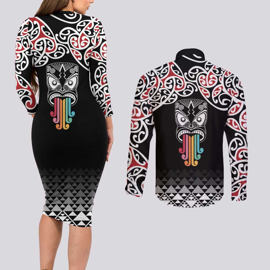 Kia Kaha Te Reo Maori Couples Matching Long Sleeve Bodycon Dress and Long Sleeve Button Shirt 50 Years Mo Ake Tonu Te Reo - Polynesian Pride