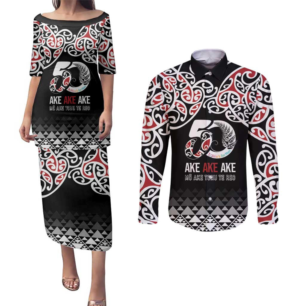 Kia Kaha Te Reo Maori Couples Matching Puletasi and Long Sleeve Button Shirt 50 Years Mo Ake Tonu Te Reo - Polynesian Pride