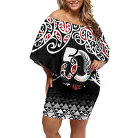 Kia Kaha Te Reo Maori Off Shoulder Short Dress 50 Years Mo Ake Tonu Te Reo - Polynesian Pride
