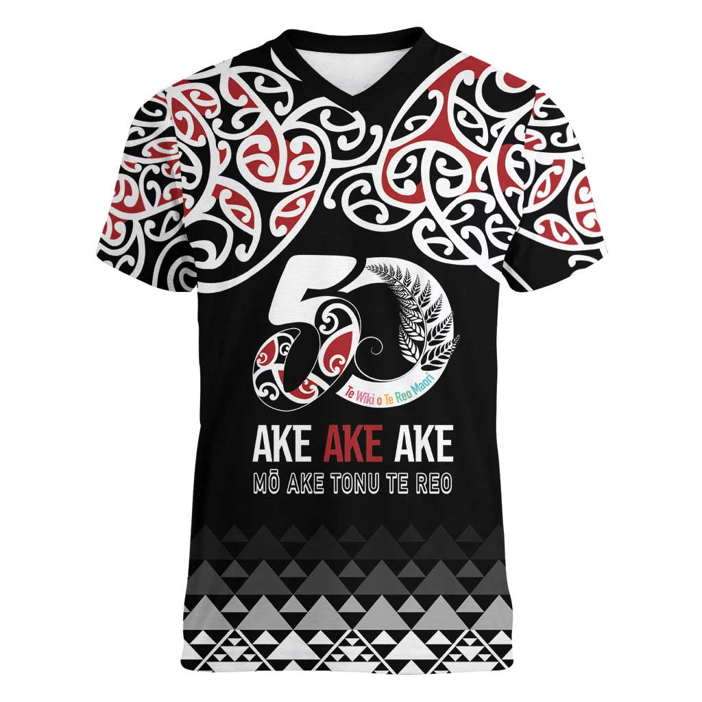 Kia Kaha Te Reo Maori Women V-Neck T-Shirt 50 Years Mo Ake Tonu Te Reo - Polynesian Pride