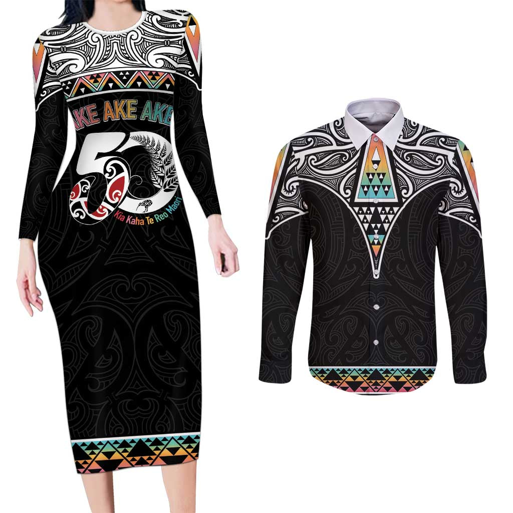 50 Years Kia Kaha Te Reo Maori Couples Matching Long Sleeve Bodycon Dress and Long Sleeve Button Shirt Ake Ake Ake! - Polynesian Pride