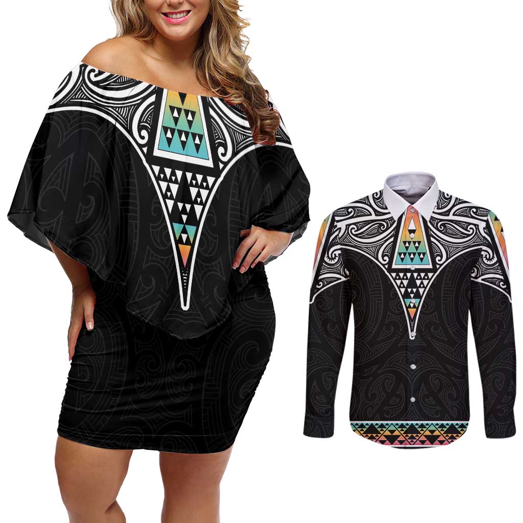 50 Years Kia Kaha Te Reo Maori Couples Matching Off Shoulder Short Dress and Long Sleeve Button Shirt Ake Ake Ake! - Polynesian Pride