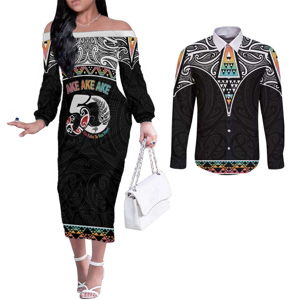 50 Years Kia Kaha Te Reo Maori Couples Matching Off The Shoulder Long Sleeve Dress and Long Sleeve Button Shirt Ake Ake Ake! - Polynesian Pride