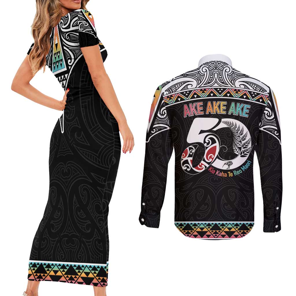 50 Years Kia Kaha Te Reo Maori Couples Matching Short Sleeve Bodycon Dress and Long Sleeve Button Shirt Ake Ake Ake! - Polynesian Pride