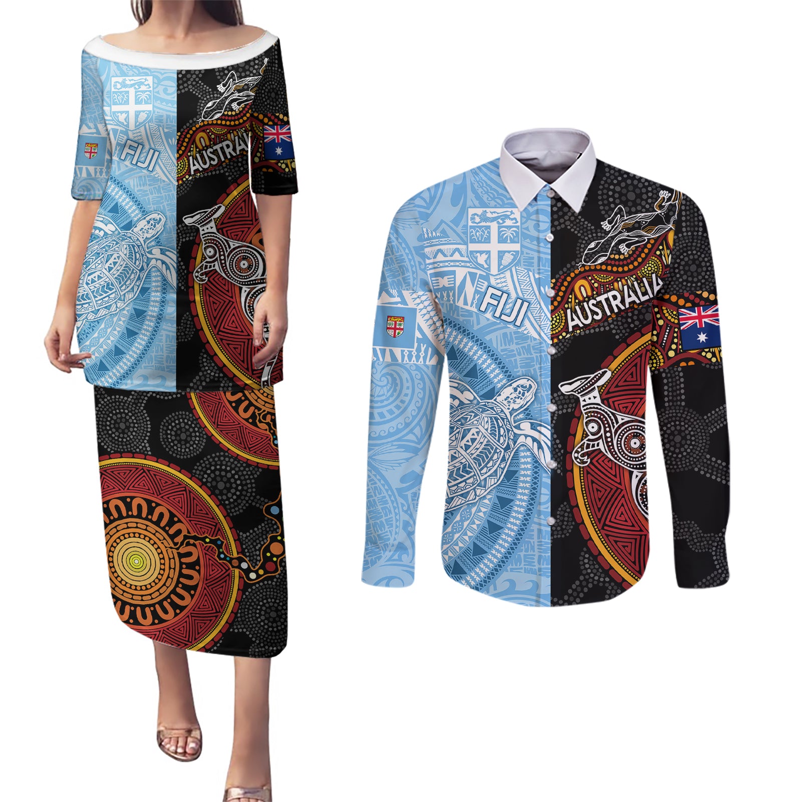 personalised-fiji-and-australia-couples-matching-puletasi-dress-and-long-sleeve-button-shirts-masi-patterns-mix-aboriginal-art