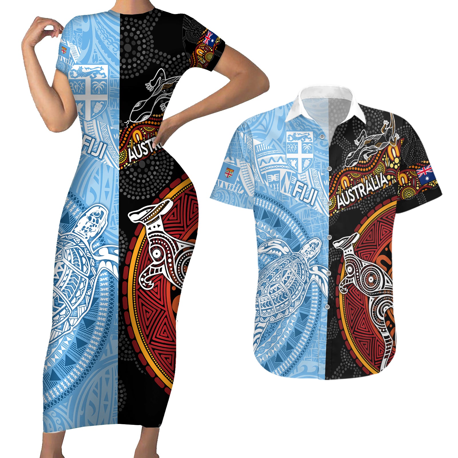 personalised-fiji-and-australia-couples-matching-short-sleeve-bodycon-dress-and-hawaiian-shirt-masi-patterns-mix-aboriginal-art