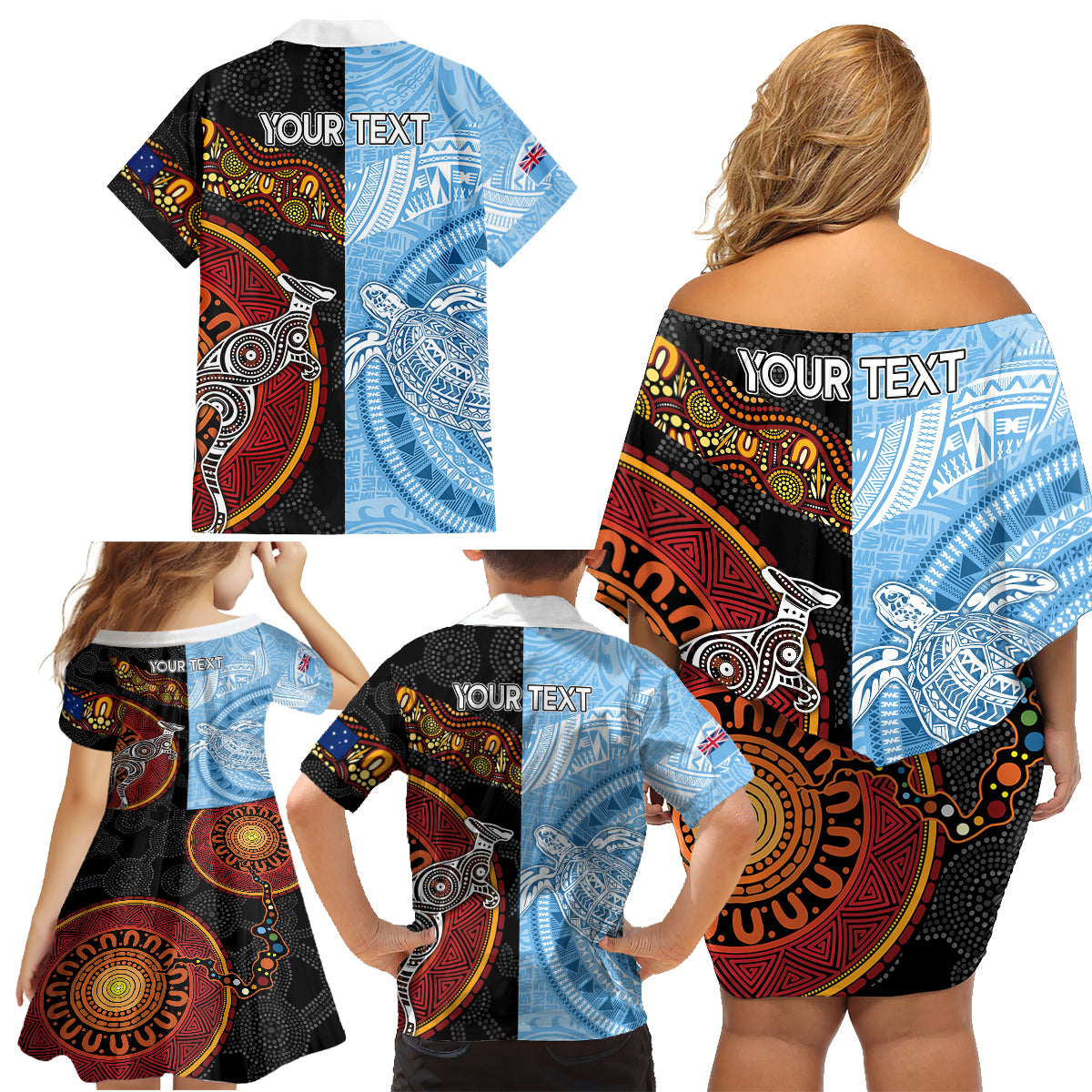 personalised-fiji-and-australia-family-matching-off-shoulder-short-dress-and-hawaiian-shirt-masi-patterns-mix-aboriginal-art