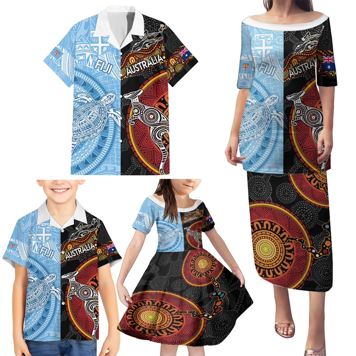 Personalised Fiji and Australia Family Matching Puletasi Dress and Hawaiian Shirt Masi Patterns Mix Aboriginal Art LT7 - Polynesian Pride