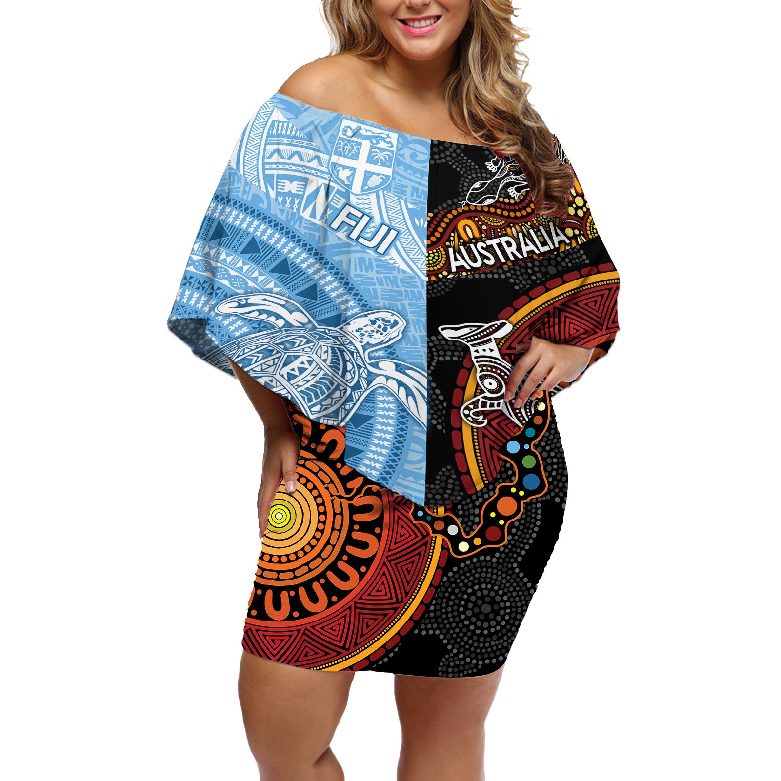 personalised-fiji-and-australia-off-shoulder-short-dress-masi-patterns-mix-aboriginal-art