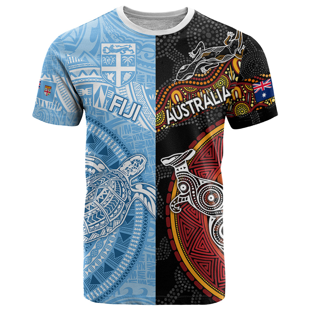 Personalised Fiji and Australia T Shirt Masi Patterns Mix Aboriginal Art LT7 Colorful - Polynesian Pride