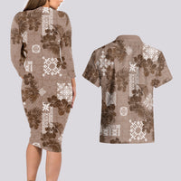 Vintage Hawaii Couples Matching Long Sleeve Bodycon Dress and Hawaiian Shirt Hibiscus Mix Hawaiian Quilt Patches - Brown LT7 - Polynesian Pride