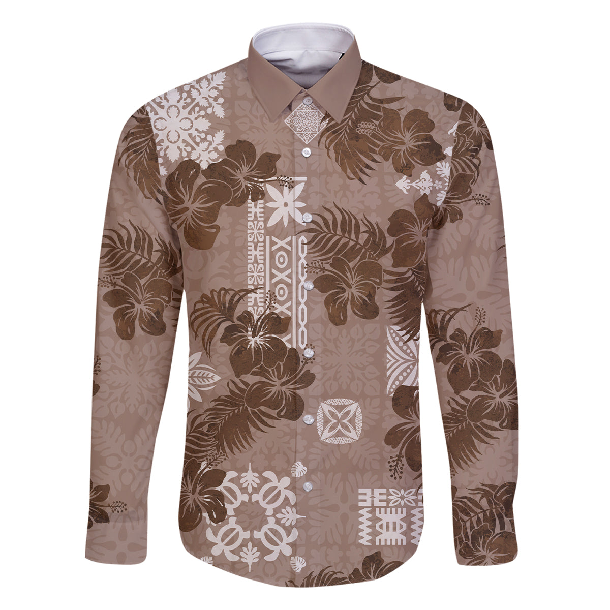 Vintage Hawaii Family Matching Off Shoulder Maxi Dress and Hawaiian Shirt Hibiscus Mix Hawaiian Quilt Patches - Brown LT7 Dad's Shirt - Long Sleeve Brown - Polynesian Pride