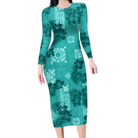 Vintage Hawaii Family Matching Long Sleeve Bodycon Dress and Hawaiian Shirt Hibiscus Mix Hawaiian Quilt Patches - Teal LT7 Mom's Dress Teal - Polynesian Pride