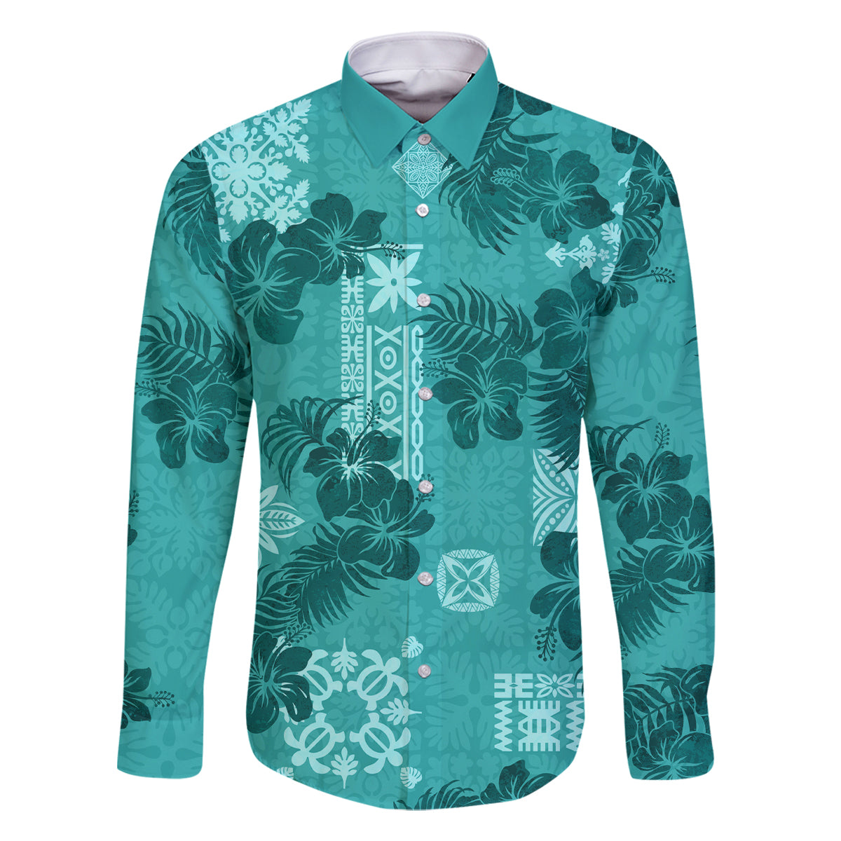 Vintage Hawaii Family Matching Off Shoulder Long Sleeve Dress and Hawaiian Shirt Hibiscus Mix Hawaiian Quilt Patches - Teal LT7 Dad's Shirt - Long Sleeve Teal - Polynesian Pride