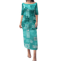 Vintage Hawaii Family Matching Puletasi Dress and Hawaiian Shirt Hibiscus Mix Hawaiian Quilt Patches - Teal LT7 Mom's Dress Teal - Polynesian Pride