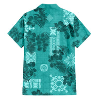 Vintage Hawaii Family Matching Short Sleeve Bodycon Dress and Hawaiian Shirt Hibiscus Mix Hawaiian Quilt Patches - Teal LT7 - Polynesian Pride