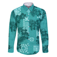 Vintage Hawaii Family Matching Tank Maxi Dress and Hawaiian Shirt Hibiscus Mix Hawaiian Quilt Patches - Teal LT7 Dad's Shirt - Long Sleeve Teal - Polynesian Pride