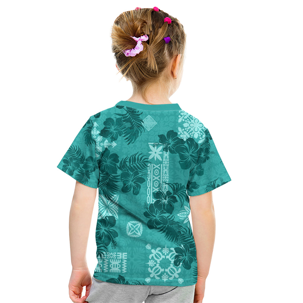 Vintage Hawaii Kid T Shirt Hibiscus Mix Hawaiian Quilt Patches - Teal LT7 - Polynesian Pride