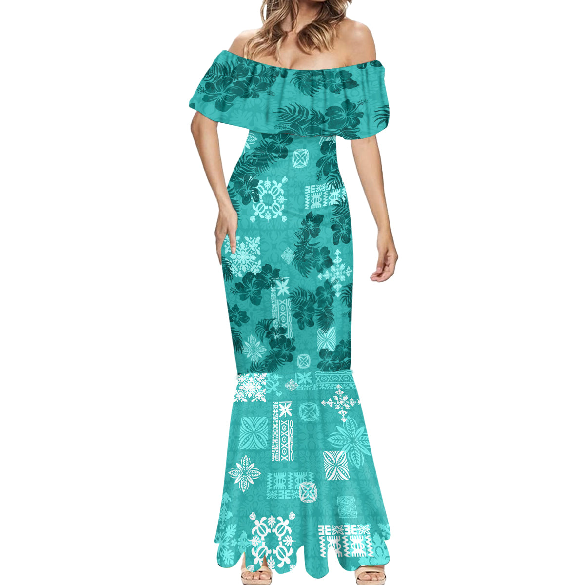 Vintage Hawaii Mermaid Dress Hibiscus Mix Hawaiian Quilt Patches - Teal LT7 - Polynesian Pride